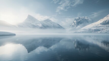 Snowy mountains reflecting in calm lake winter scene