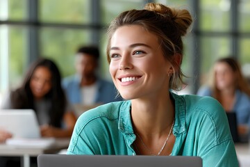 Fototapeta premium Smiling girl in green shirt using laptop for studying, blonde bun hair, college campus environment, digital learning concept.