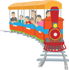 遊園地の汽車を楽しむ家族達