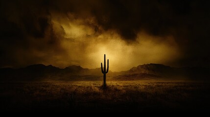 Fototapeta premium A solitary cactus stands in a desert landscape with dramatic clouds