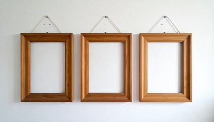 Three rustic wooden frames, varying in size, hang artfully on a textured wall, showcasing their natural grain and warm tones, enhancing the cozy ambiance.