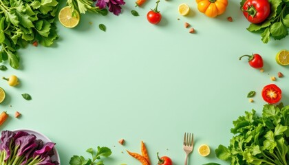 Fototapeta premium Vibrant salad set in the bottom left corner on a light mint background, in a modern food photography style, with bright golden warmth, open space, high resolution