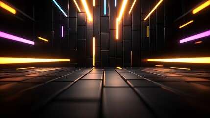 Dynamic Neon Lights in a Dark Cubic Grid Digital Art