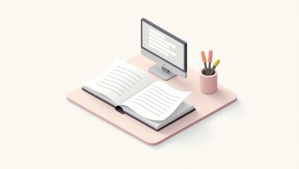 Knowledge Culture. Study in solitude. Isolated 2D Isometric Illustration. Lone figure studies in solitude, surrounded by trappings of knowledge and modern technology isolation.