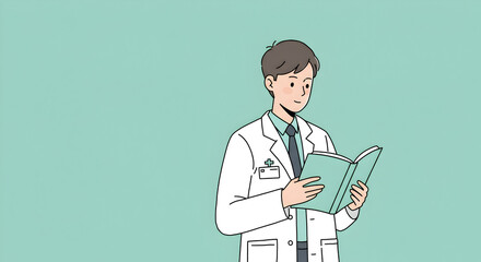 Dedicated young medic engrossed in medical literature against a muted backdrop