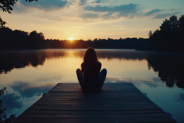 Silhouette of a sad woman on a dock at sunset, hugging her knees