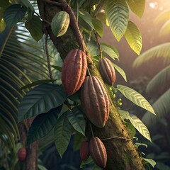 Close-up of Cacao (Theobroma cacao) Pods Hanging on Tree, Tropical Rainforest, Ripe Cocoa Pods, Chocolate Plant, Organic Cacao, Cocoa Beans Growing on Tree, Green and Red Cacao Pods, Harvesting Cocoa