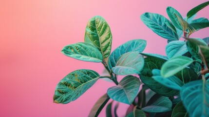 Obraz premium Vibrant teal green leaves against pink background