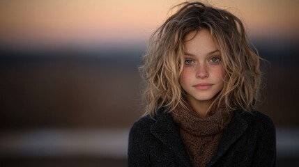 A beautiful young woman with curly hair gazes directly into camera