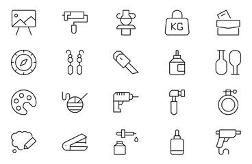 Crafts line icons set. Pencil, pen, brush, bucket paint, palette knife, roller, palette, marker and more. Outline icons collection. Simple vector illustration.