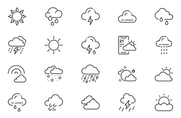 Fototapeta premium Weather line icon set. Weather forecast icon set. Clouds logo. Weather , clouds, sunny day, moon, snowflakes, wind, sun day. Vector illustration.