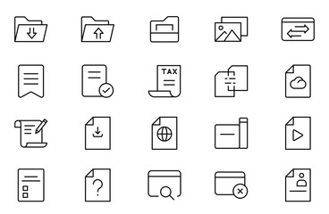 Document Management outline Icon Set. Editable Stroke. Pixel Perfect. For Mobile and Web. Contains such icons as Document, File, Communication, Resume, File Search.