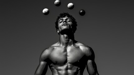 Muscular man juggling spheres in monochrome against a clear sky