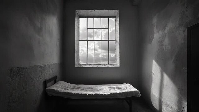 Claustrophobic interior of prison cell revealing the bars and a view to the sky