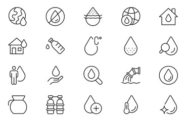 Water outline Icons Set, water treatment, save water, water bottle and more. line icon style. essential element illustration