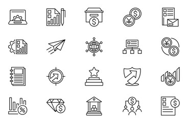 Startup outline icon set. Profit, partnership, startup, solution, office, leadership, organization management, planning, marketing,  Editable Stroke Vector Icons Collection.