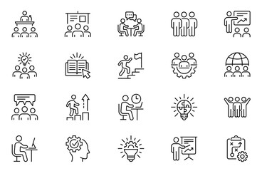 Workshop line icons set. Workshop outline icons with editable stroke collection. Includes Briefing, Brainstorming, Strategy, Gamification, Education, and More.