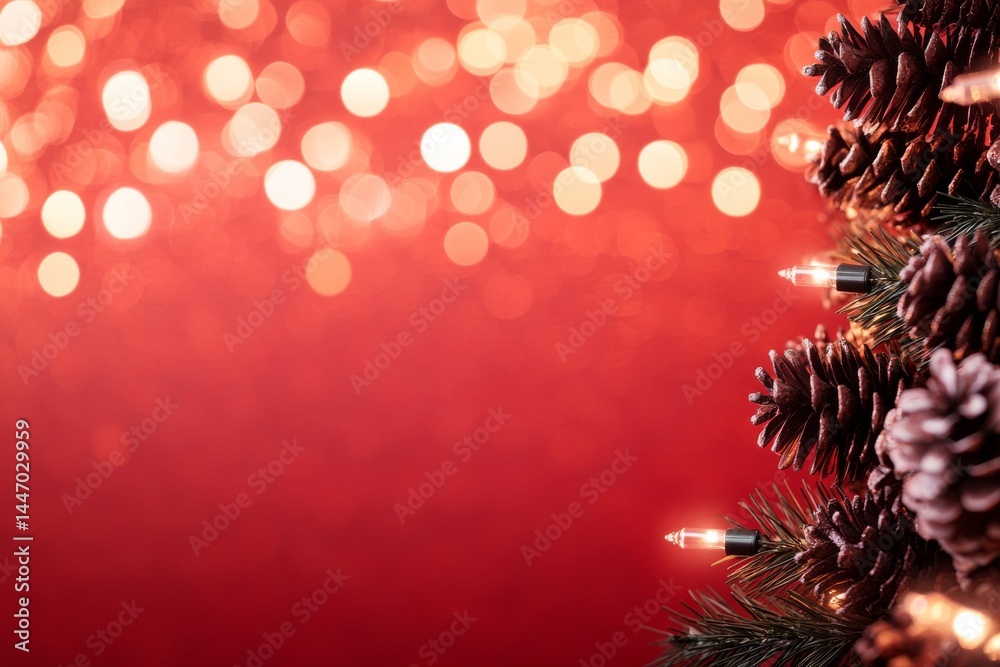 Aufkleber Red background features subtle bokeh effects and pinecones, creating a warm and inviting atmosphere ideal for holiday-themed marketing or seasonal messages