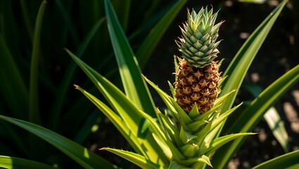 Fototapeta premium Ripening pineapple atop sharp green leaves, bathed in tropical sunlight. 