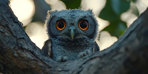 Cute Baby Owl Perched on Tree Branch