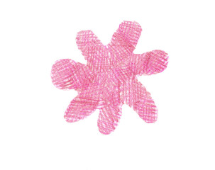 Silhouette of a flower with petals of a simple, rounded shape. Top view. Isolated on a white background. Filled with cross strokes. Drawing with colored pencils. Different shades of pink, red.