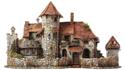 Old stone castle with towers, medieval architectural landmark, reflecting ancient history, isolated on transparent background. PNG