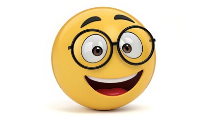 Fototapeta premium A nerd emoji with big round glasses and a wide smile, in classic yellow emoji style.