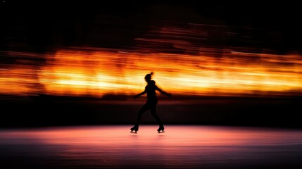 Figure skater silhouette performing with abstract orange and black background