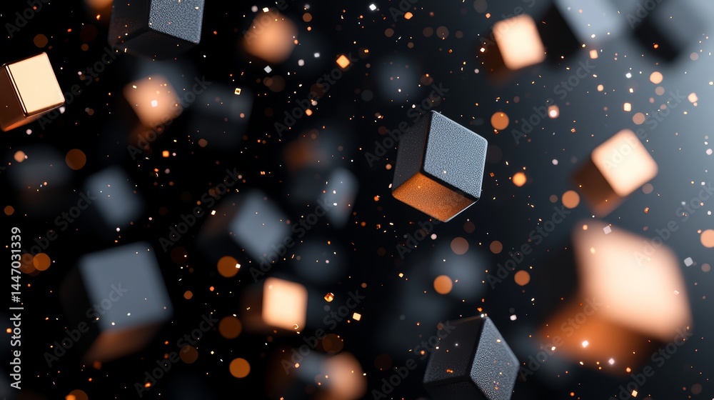 Fototapete floating metallic cubes and glowing particles in dark space