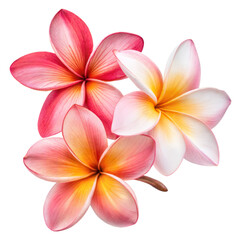 Colorful plumeria frangipani flowers PNG with red, yellow, and pink gradient petals, perfect for tropical-themed designs, spa branding, summer invitations, beach wedding decor, or exotic floral prints