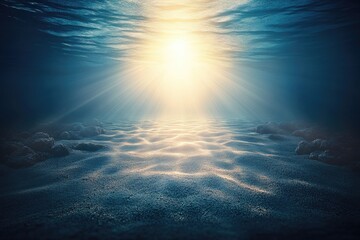 Obraz premium Sunbeams illuminate an ocean floor, sandy seabed with rocks