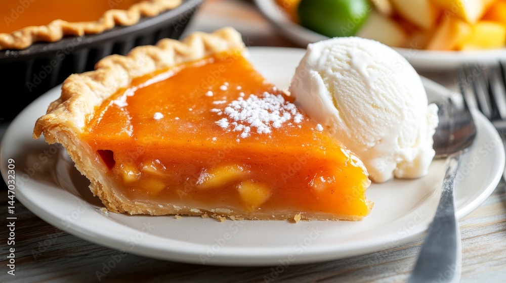 Poster A slice of apple pie topped with vanilla ice cream is placed on a warm-toned plate, creating a sense of comfort in a cozy kitchen with soft lighting