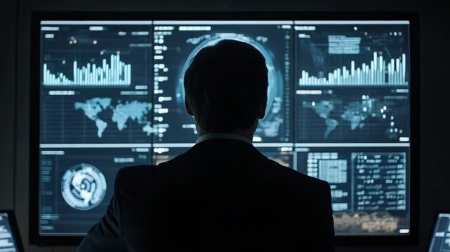 Data analyst overseeing global network security from a sophisticated control center