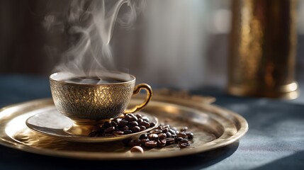 Fototapeta premium Steaming coffee in ornate cup with coffee beans