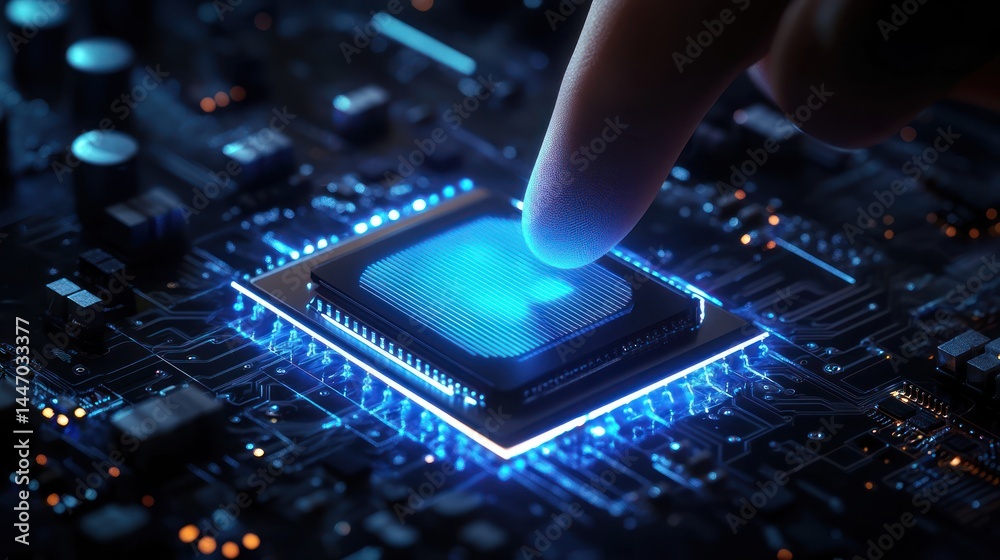 Poster illuminated microchip interaction showcasing cutting-edge technology in computing