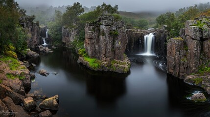 A misty landscape showcases a scenic waterfall cascading into a dark pool