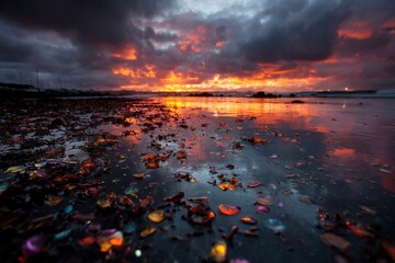 Fiery sunset over ocean tide pools, reflecting dramatic sky with scattered sea glass and rock formations along a dark sandy shore.