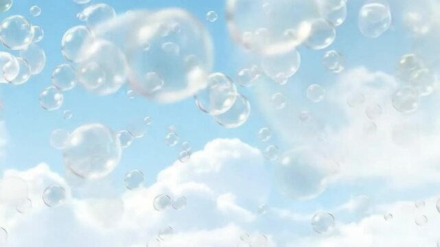 Dreamy Skies: A whimsical scene filled with floating, shimmering bubbles against a backdrop of a bright blue sky and fluffy clouds, conveying a sense of wonder and playful innocence.