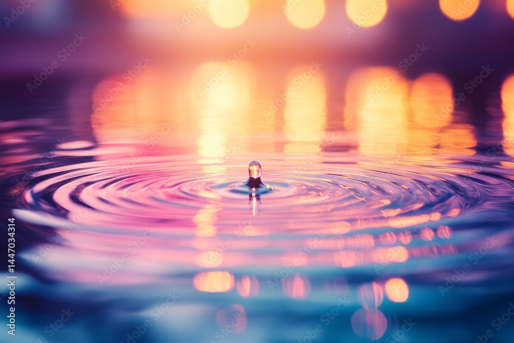 Poster A striking water drop captures colorful neon reflections, creating dynamic patterns surrounded by a soft bokeh effect, perfect for artistic use and designs