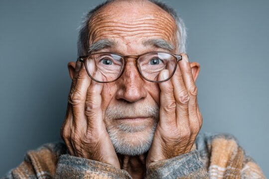 Contemplative Senior Man with Eyeglasses Holds Face with Hands, Eyes Wide, Gray Background