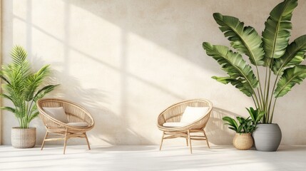 Fototapeta premium Peaceful, sun-drenched interior featuring wicker seating and lush greenery.