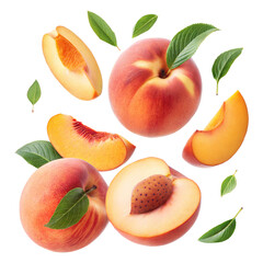 Collection of fresh peaches and slices with realistic textures and floating leaves on transparent background, perfect for fruit labels, healthy snack promotions, peach-themed designs, or summer graphi