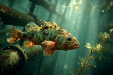 Fototapeta premium Unique Fish Species Swimming Amidst Aquatic Plants and Sunbeams in Murky Waters, Exploring the Depths of Marine Life