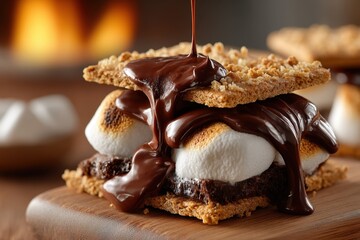Labor day picnic fun concept. Decadent s'mores with melted chocolate and toasted marshmallows