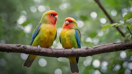 Fototapeta premium A pair of beautiful love birds perched on a branch.
