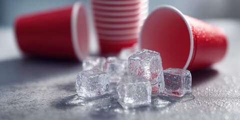 Labor day picnic fun concept. Red cups and ice cubes on a wet surface, evoking a party atmosphere