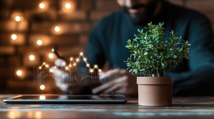 Person monitors finance data with potted plant and technology elements