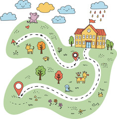 Journey to School Map Illustration, Kids' Map to School with Animals