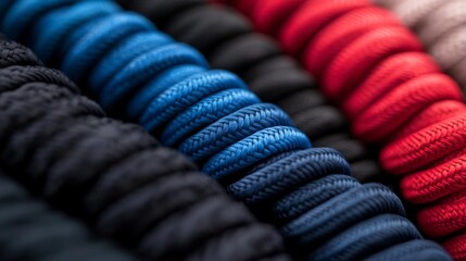 Coiled cables featuring vibrant color-coded ends are carefully stacked on a flat surface, presenting a tidy and efficient arrangement suitable for various applications