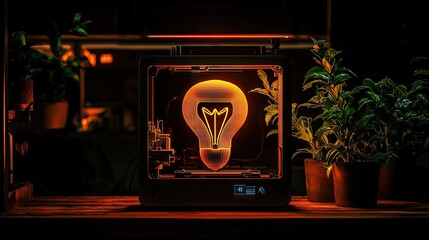 A luminous lightbulb design is illuminated within a printer device